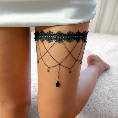 Gothic Black Lace Thigh Chain Body Jewelry - Smarsty