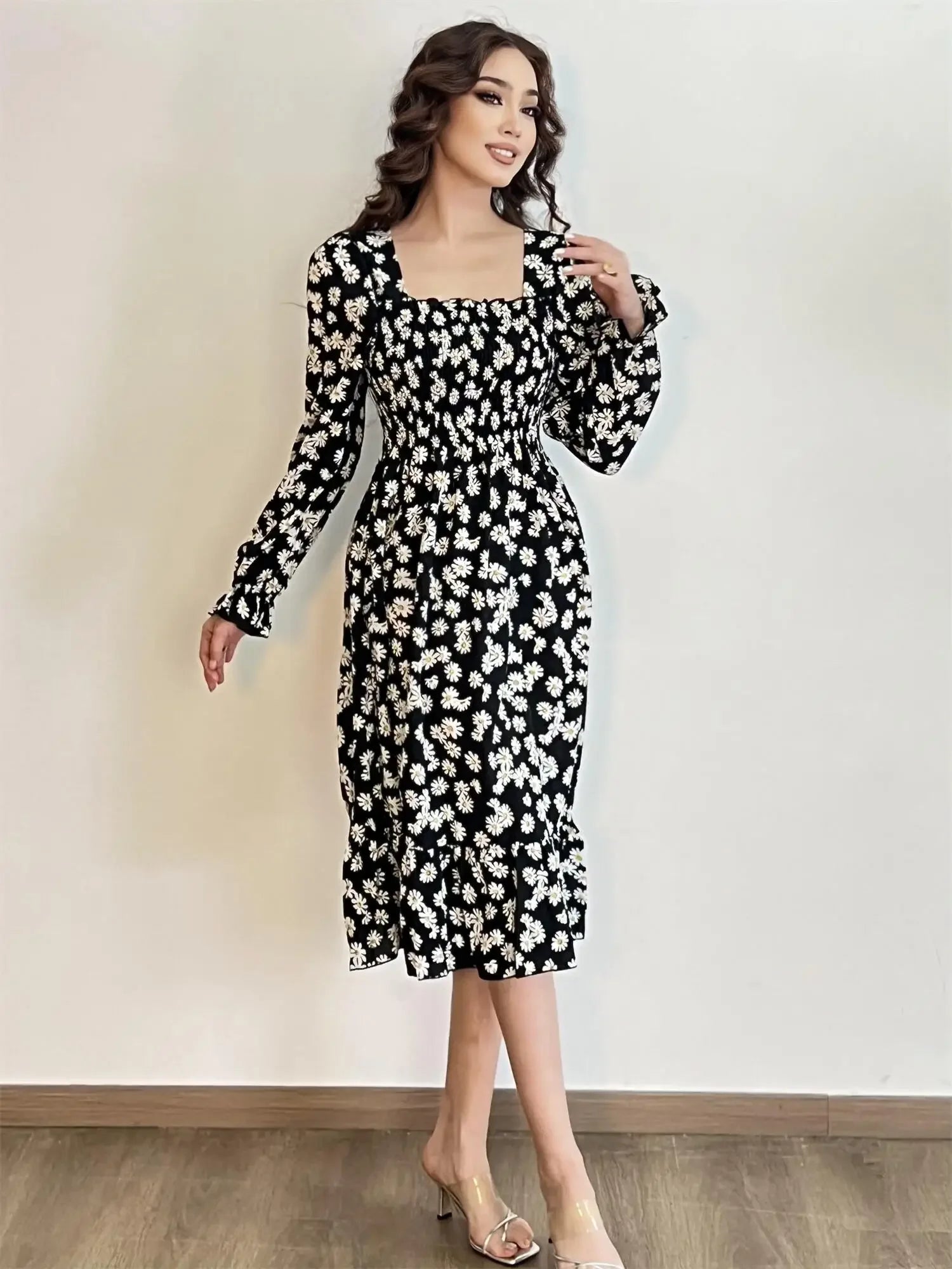 Long Sleeve Casual Dress Women Chiffon Dresses Autumn Spring A-line Printed Floral Elastic Chest Lace Up Midi Dresses Vestidos - Smarsty