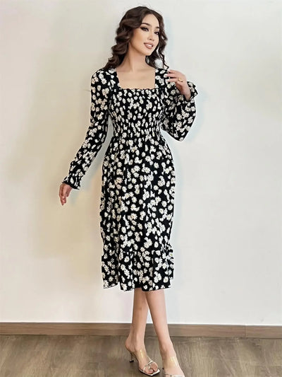 Long Sleeve Casual Dress Women Chiffon Dresses Autumn Spring A-line Printed Floral Elastic Chest Lace Up Midi Dresses Vestidos - Smarsty