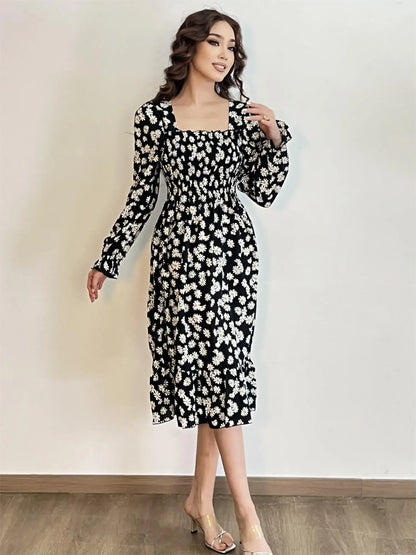 Long Sleeve Casual Dress Women Chiffon Dresses Autumn Spring A-line Printed Floral Elastic Chest Lace Up Midi Dresses Vestidos - Smarsty