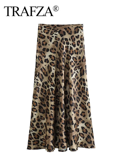 TRAFZA 2024 Women Fashion Leopard Print Skirt Vintage High Waist Midi Skirts Elegant Women Summer Casual Streetwear Skirt - Smarsty