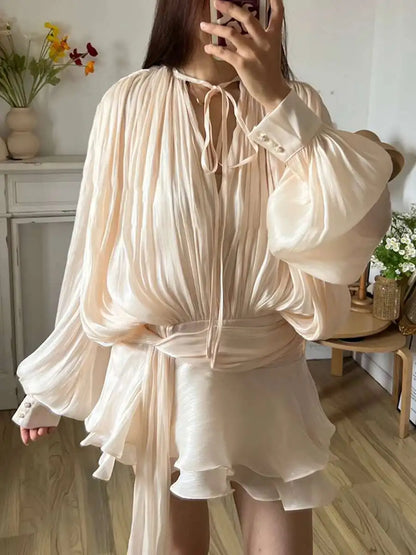 TWOTWINSTYLE Solid Blouse Mini Dresses For Women V Neck Long Sleeve Spliced Lace Up Sweet Style Dress Female Clothing Fashion - Smarsty
