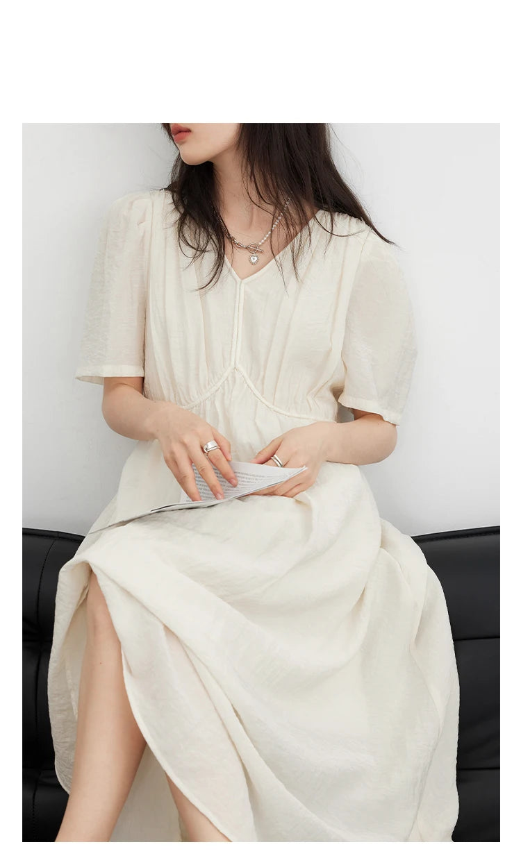 CHIC VEN Women Dresses French Style Vintage V-neck Puff Sleeve Long Dress Solid Black Loose Female Clothing Summer New 2023 - Smarsty