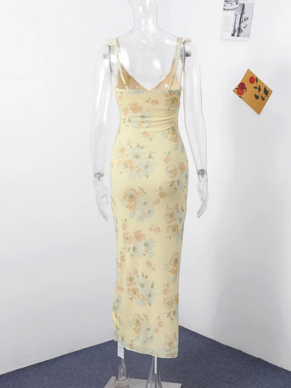 Summer Flower Printed Women's Sexy Low-cut Dress Sleeveless Backless Slim Sling Dresses 2025 Beach Vacation Lady Vestidos