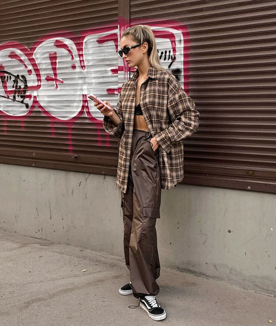Spring Autumn Vintage Plaid Checkered Shirt Women's Long Sleeve Blouse Loose Single Breasted Casual Shirt - Smarsty
