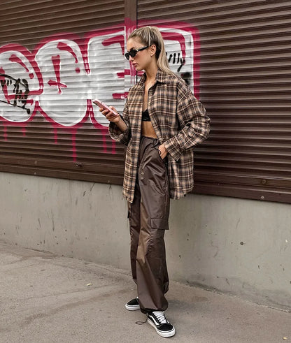 Spring Autumn Vintage Plaid Checkered Shirt Women's Long Sleeve Blouse Loose Single Breasted Casual Shirt - Smarsty
