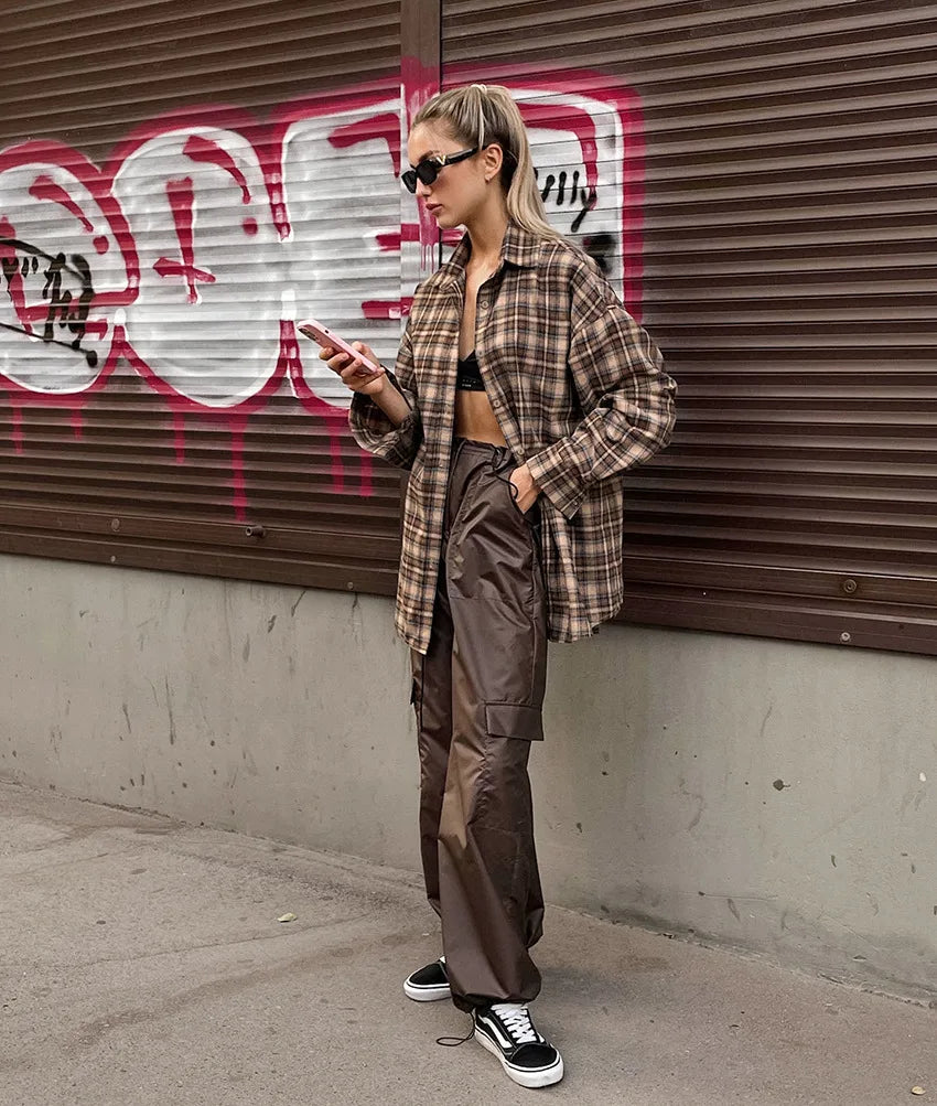 Spring Autumn Vintage Plaid Checkered Shirt Women's Long Sleeve Blouse Loose Single Breasted Casual Shirt - Smarsty