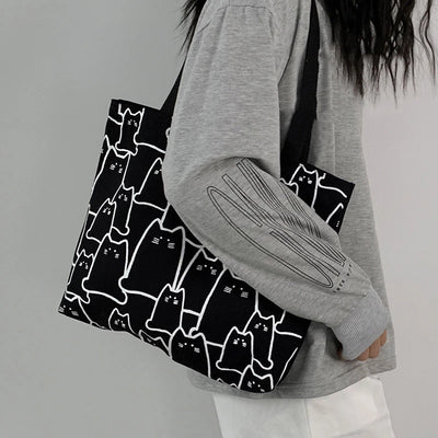 Canvas Cat Tote Bag For Women Zipper Shoulder Designer - Smarsty