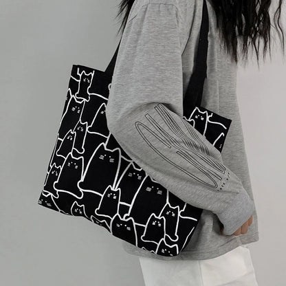 Canvas Cat Tote Bag For Women Zipper Shoulder Designer - Smarsty