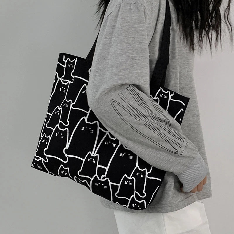 Canvas Cat Tote Bag For Women Zipper Shoulder Designer - Smarsty