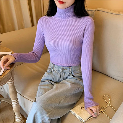 2025 Autumn Winter Women Long Sleeve Knitted Foldover Turtleneck Ribbed Pull Sweater Soft Warm Femme Jumper Pullover Clothes - Smarsty