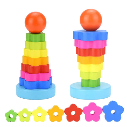 Wooden Rainbow Tower Children Educational Montessori Toys Childhood Learning Kids Colorful Wood Blocks for Christmas Gift TMZ