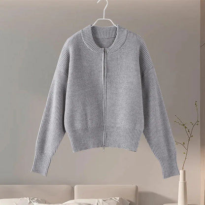 Vintage Knit Women Cardigan Casual Full Sleeve Zipper O Neck Pleated Solid Lady Sweater 2025 Autumn Fashion Female Knitwear - Smarsty