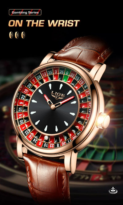 LIGE Waterproof Brown Leather Men's Roulette Watch - Smarsty