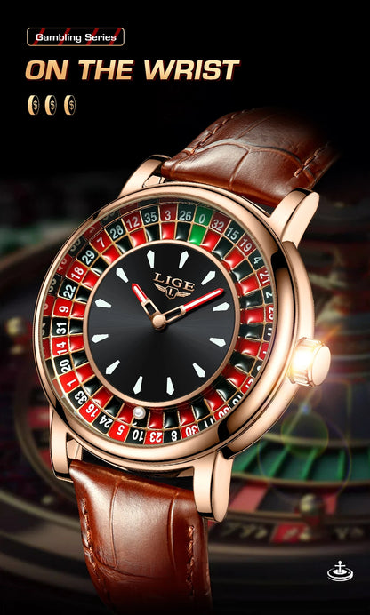 LIGE Waterproof Brown Leather Men's Roulette Watch - Smarsty