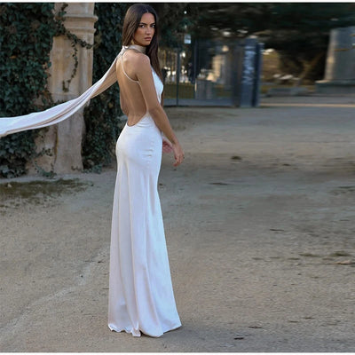 Sexy Satin Ribbon Party Dress Women Elegant Halter Backless Off Shoulder Sleeveless Female Dresses 2024 Summer Solid Robe Gown - Smarsty