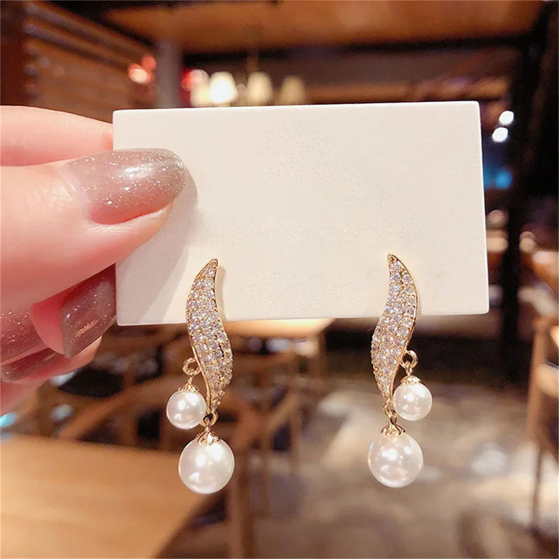 Elegant Double Pearl Dangle Earrings for Women Wedding Jewelry - Smarsty