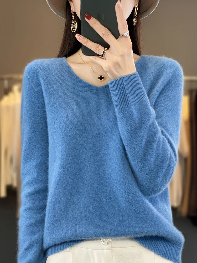 Fashion100% Merino Wool Sweater Cashmere  Pullover Women Knitwear V-Neck Long Sleeve  Autumn Winter Fashion Basic Clothing  Tops - Smarsty