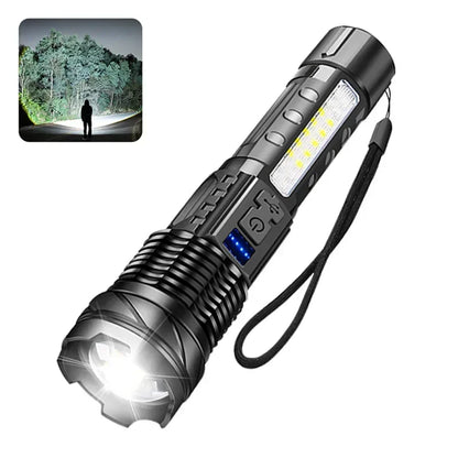 Rechargeable LED Flashlight Zoomable Torch with COB Side Led 7 Modes Waterproof High Power Hand Light Outdoor Wilderness Camping