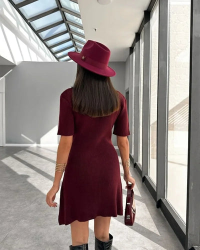Trendix Elegant Knit Mini Dress Women Street Slim High Waist Short Sleeve Rib Sweater Dresses Vacation Bodycon Knitwear Dress - Smarsty