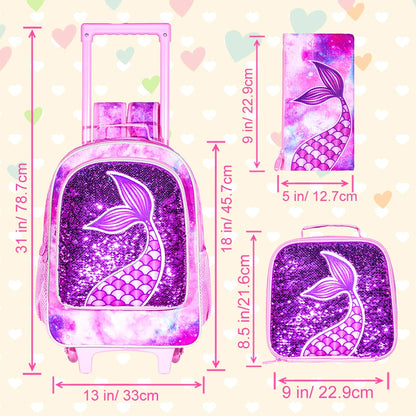 Rolling Backpack for Girls with Lunch Box and Pencil Case - Smarsty