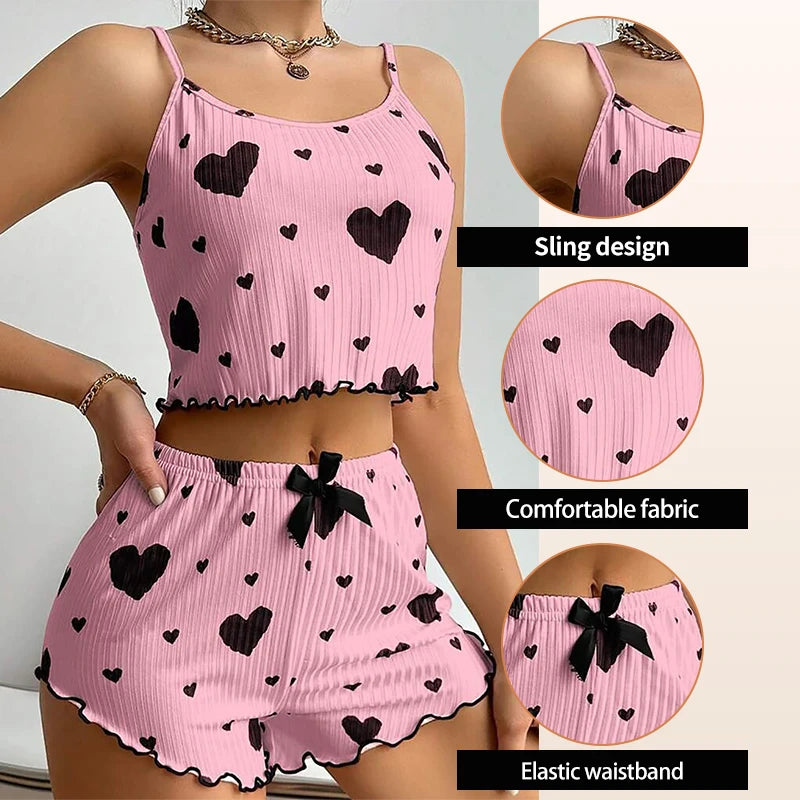 Women's Pajamas Set Sleepwear 2 PCS Short Tank Tops And Shorts S M L White Ventilate Soft Casual Love Printing - Smarsty