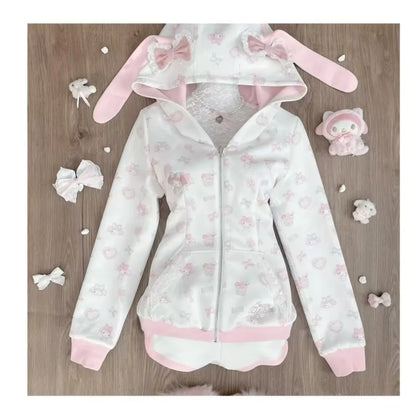 Harajuku Japanese Kawaii Sweatshirts Cartoon Rabbit Print Hoodie Y2k Pink Subculture Bow Zip Up Hoodie Women Slim Anime Hoodie