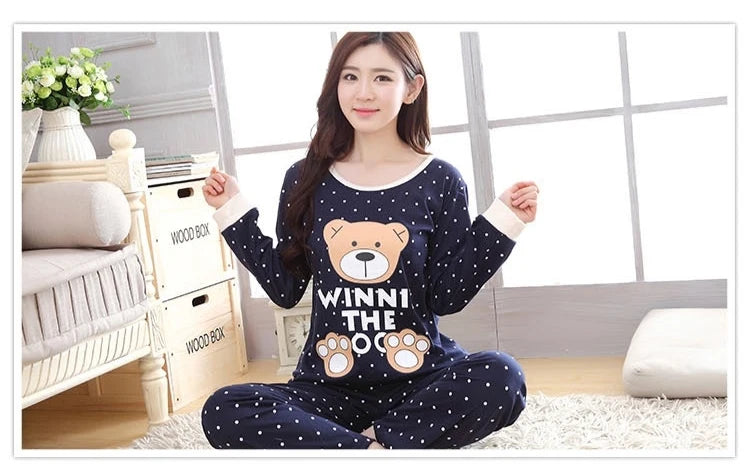 2PCS/Set Women Fashion Long-Sleeved Pajamas Fall and Winter Cartoon Love Bear Cute Soft Loose Casual Sleepwear Outside Homewear - Smarsty