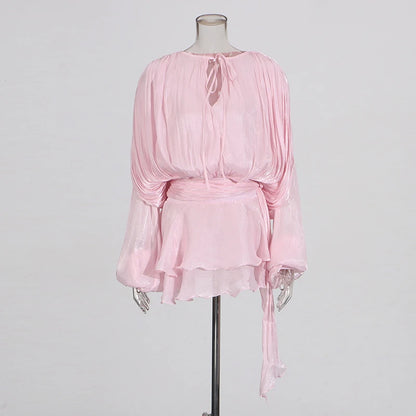 TWOTWINSTYLE Solid Patchwork Lace Up Blouse Mini Dresses For Women V Neck Long Sleeve Sweet Style Dress Female Clothing Fashion