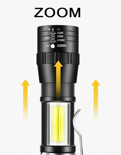 Portable Rechargeable LED Flashlight with Pen Clip Zoomable Waterproof Torch with Side Light Outdoor Camping Emergency Lantern - Smarsty