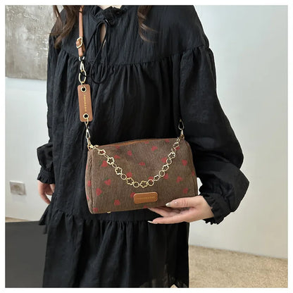 Corduroy Underarm Bag For Women Strawberry Print Mini Tote - Smarsty