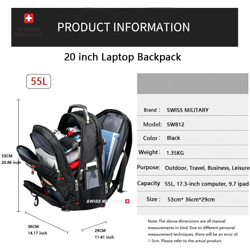 SWISS MILITARY Fashion Travel Multifunction Large Capacity Male Bag Usb Charging Waterproof 23 inch Laptop Backpack Men Mochila - Smarsty