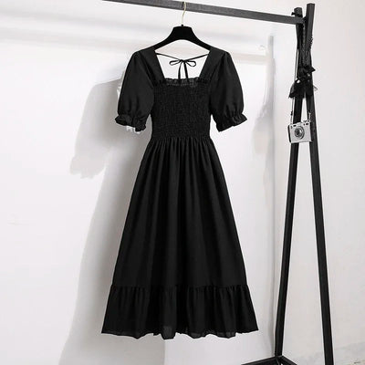 Spring Summer Chiffon Dresses Fashion Female Elastic Waist Short Sleeve Pleated Casual Dress Women A-line Dresses Vestidos - Smarsty