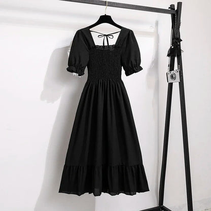 Spring Summer Chiffon Dresses Fashion Female Elastic Waist Short Sleeve Pleated Casual Dress Women A-line Dresses Vestidos - Smarsty