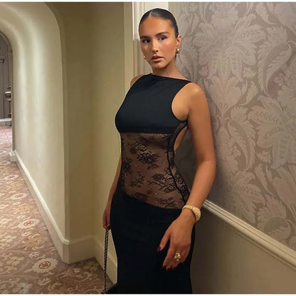 Elegant Lace Halter Dress Women Slim V-neck Backless Evening Long Dresses Woman Sleeveless Vintage Party Robe Lady Spring Summer - Smarsty