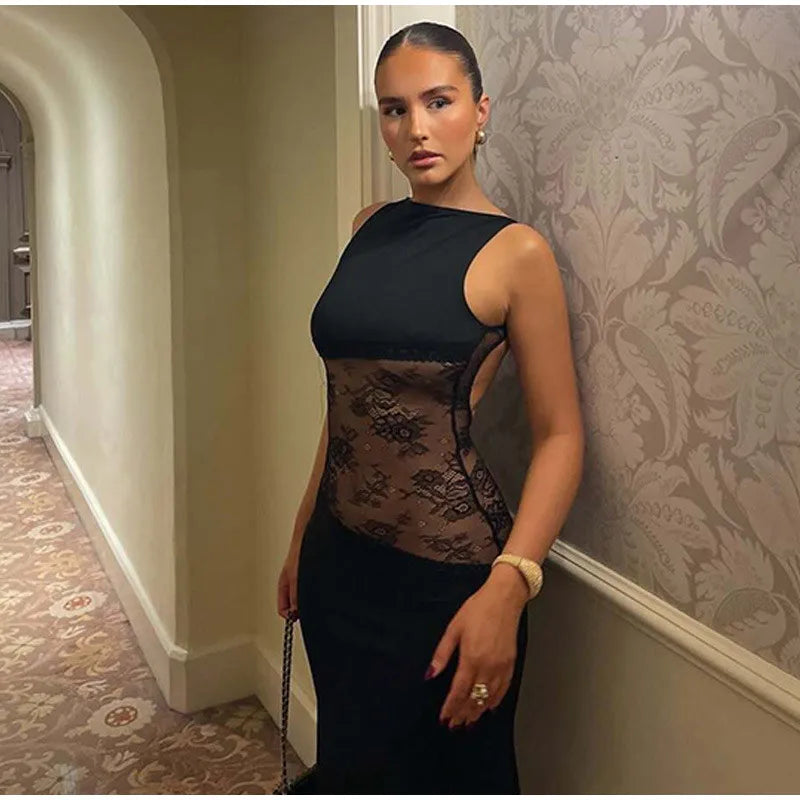 Elegant Lace Halter Dress Women Slim V-neck Backless Evening Long Dresses Woman Sleeveless Vintage Party Robe Lady Spring Summer - Smarsty