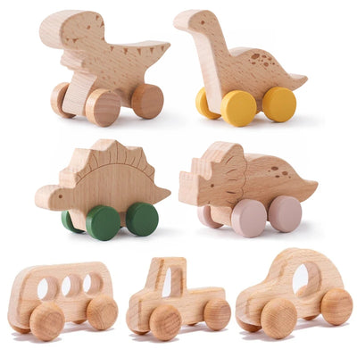 Wooden Baby Car Toys Beech Wooden Dinosaur Cartoon Car Teether Educational Montessori Toys For Children Teething Baby Toys - Smarsty