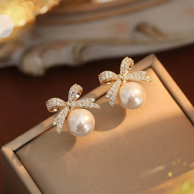 Elegant Pearl Bow Knot Earrings With Diamond Accent - Smarsty