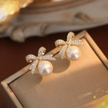 Elegant Pearl Bow Knot Earrings With Diamond Accent - Smarsty