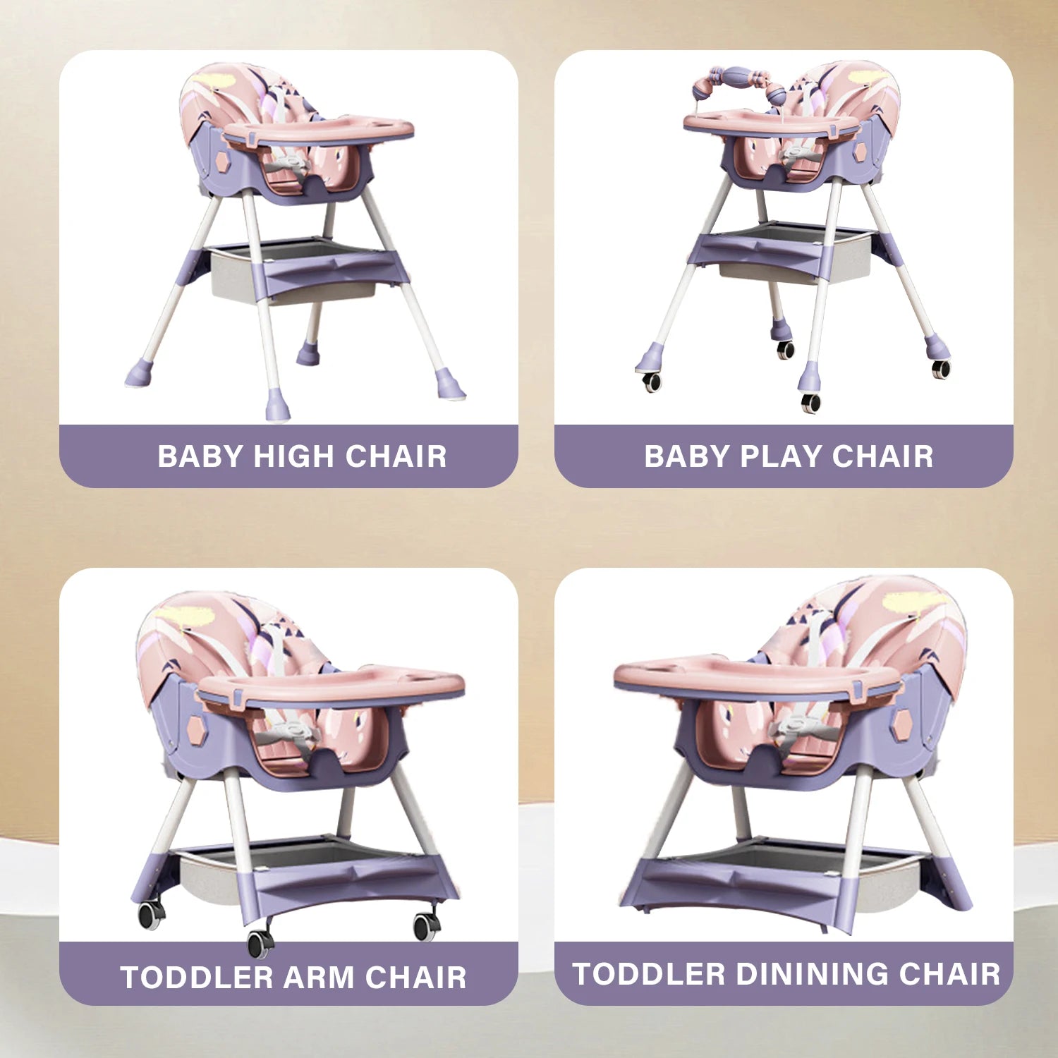 Foldable Baby High Chair 4-in-1 Foldable Reclining Feeding Table Chair Seat 7 Heights With Toyrack Easy To Clean Feeding