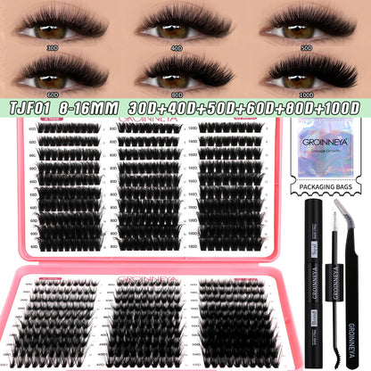 GROINNEYA DIY Lash Clusters Kit Mixed Tray Eyelash Extension Full Set Individual Lashes with Lash Bond&Seal and Tweezers Tool - Smarsty