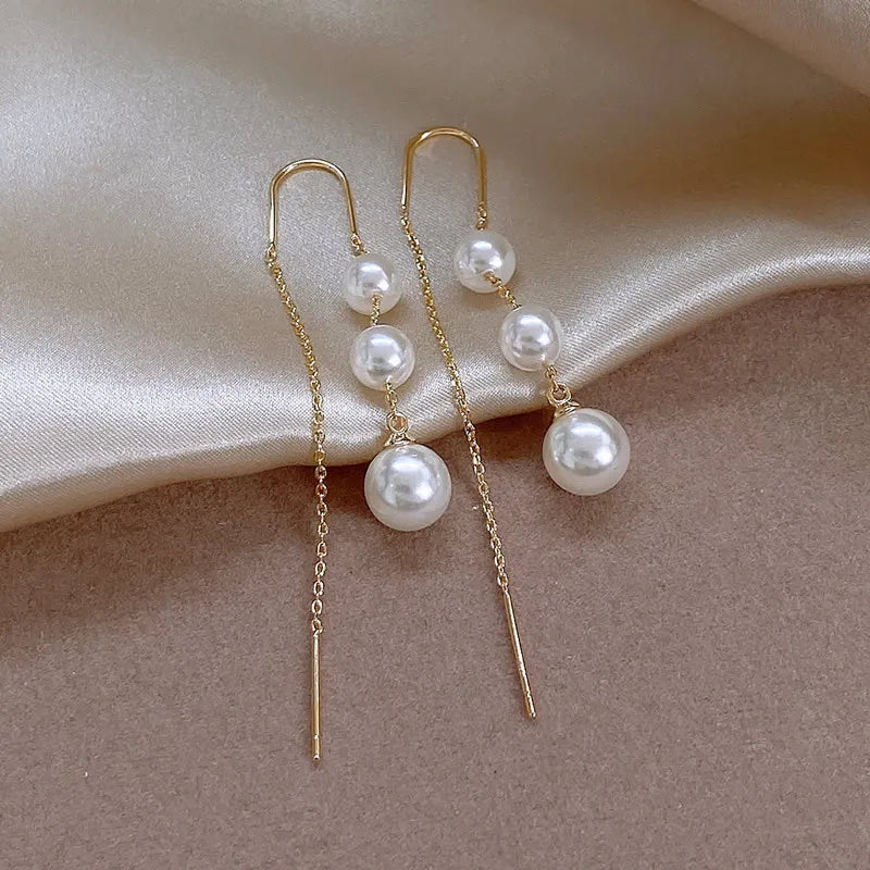 Korean Pearl Tassel Drop Earrings for Women with Zircon Detail - Smarsty