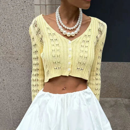 TARUXY Hollow Knitted Cardigan Women's Solid Long Sleeve V Neck Short Sweater Top Summer 2025 New Female Crochet Casual Outwear