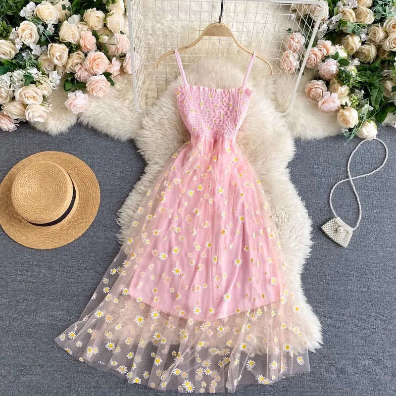 YuooMuoo Women Dress 2025 New Korean Fashion Floral Print Spaghetti Straps Mesh Party Dress Vacation Style Lady Beach Vestidos - Smarsty