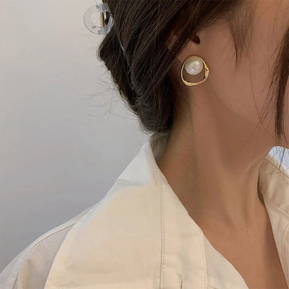 Gold Pearl Stud Earrings Korean Irregular Delicate 2023 - Smarsty