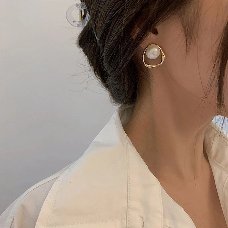 Gold Pearl Stud Earrings Korean Irregular Delicate 2023 - Smarsty