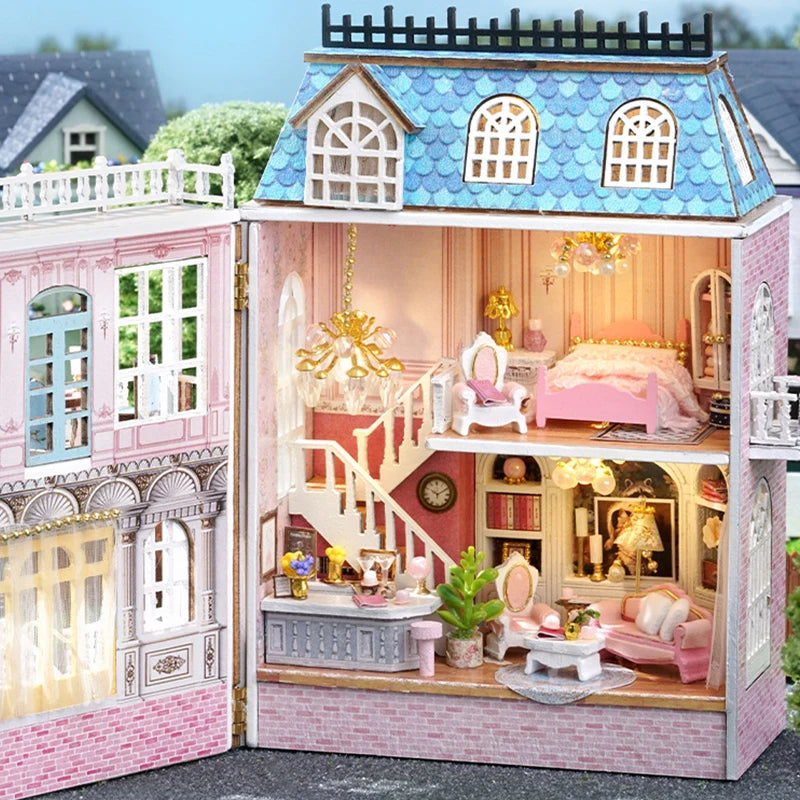 Diy Mini Wooden Dollhouse With Furniture Light Doll House Casa Assembly Model Pink Princess Villa Architecture Kit Toys Birthday by Smarsty