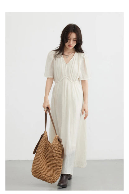 CHIC VEN Women Dresses French Style Vintage V-neck Puff Sleeve Long Dress Solid Black Loose Female Clothing Summer New 2023 - Smarsty