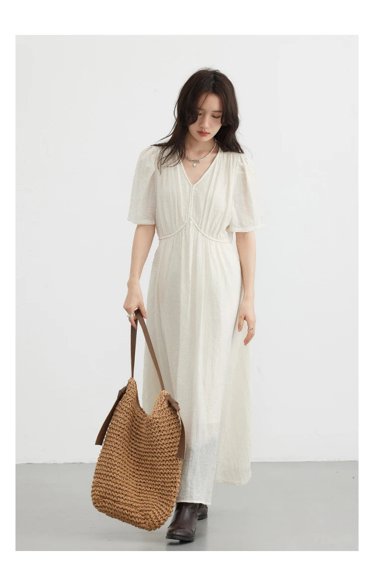CHIC VEN Women Dresses French Style Vintage V-neck Puff Sleeve Long Dress Solid Black Loose Female Clothing Summer New 2023 - Smarsty