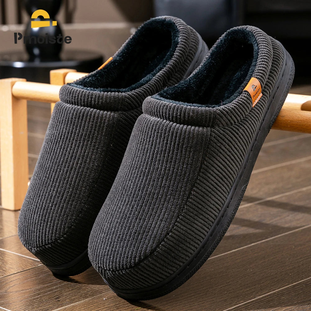Warm Slippers for Men TPR Sole Memory Foam Soft Cushion Non Slip Stripe Design Comfortable Corduroy House Shoes - Smarsty
